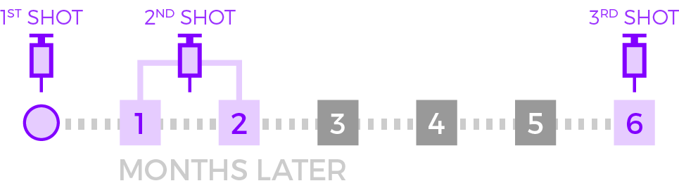 3 shots: 1st now, 2nd one to two months later, 3rd six months later