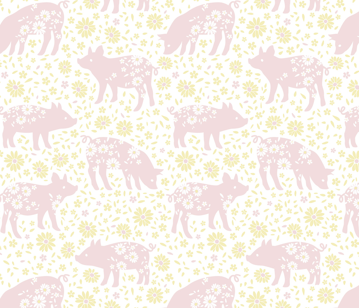 surface pattern design by Sophia Adalaine Zhou or piglets in the flower field